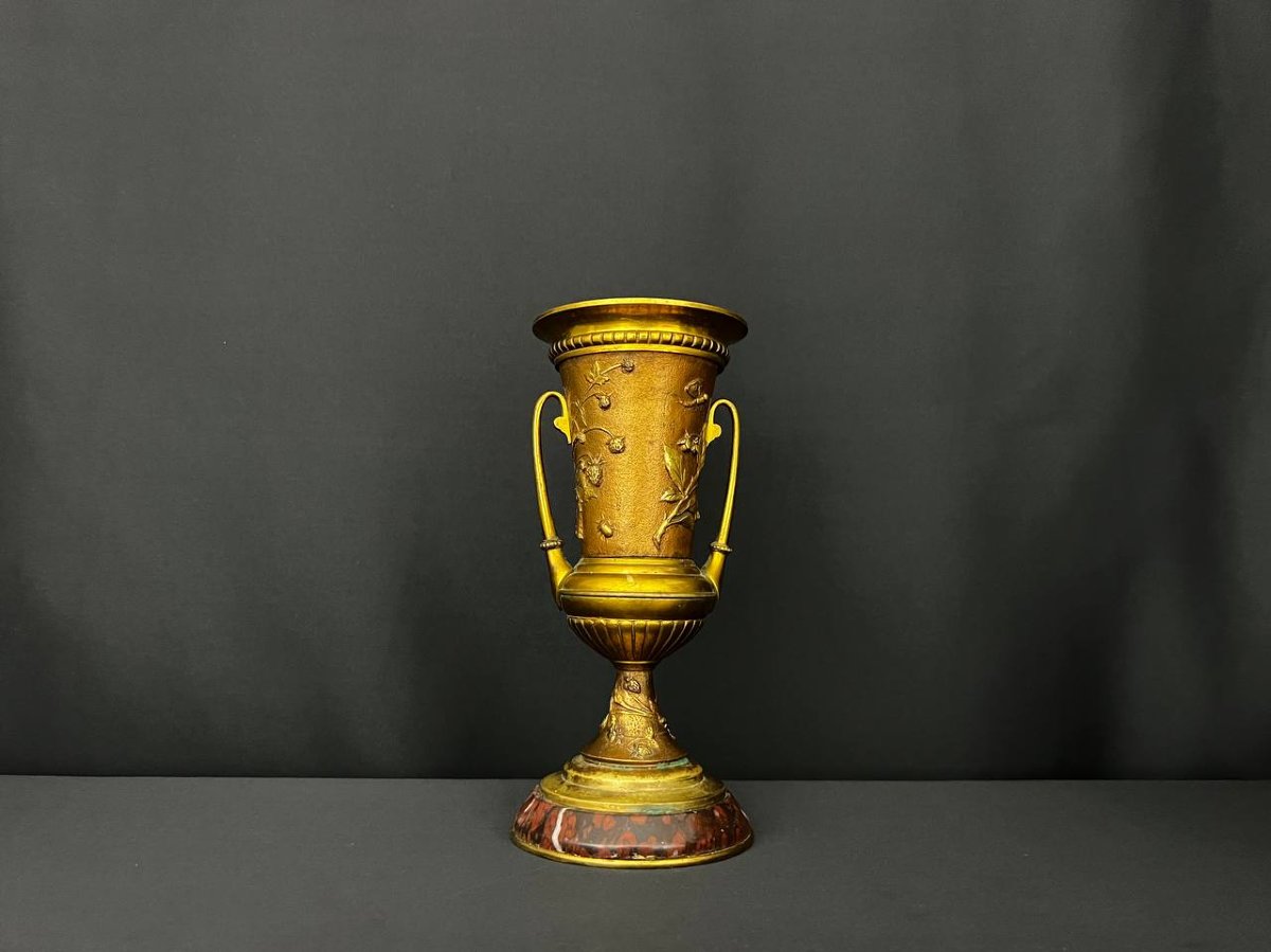 Vase Décoratif En Bronze Doré Et Marbre Rouge -photo-4