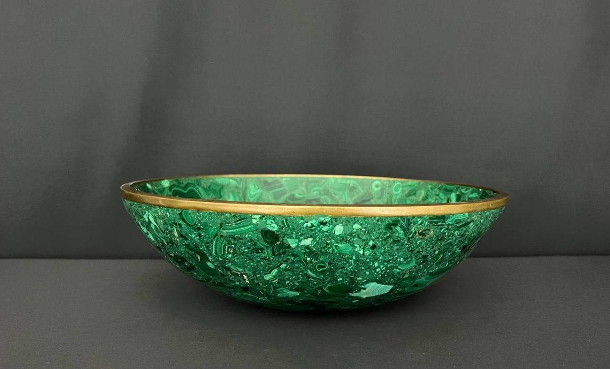 Malachite Bowl With Gilt Brass Rim -photo-2