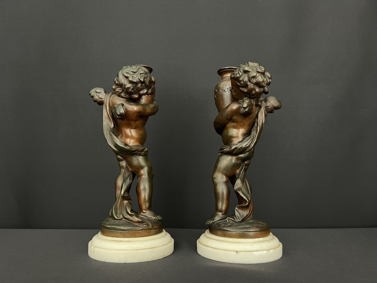 Paire De Figures En Bronze Patiné – Putti Ailés Aux Amphores, Signées Aug. Moreau-photo-3