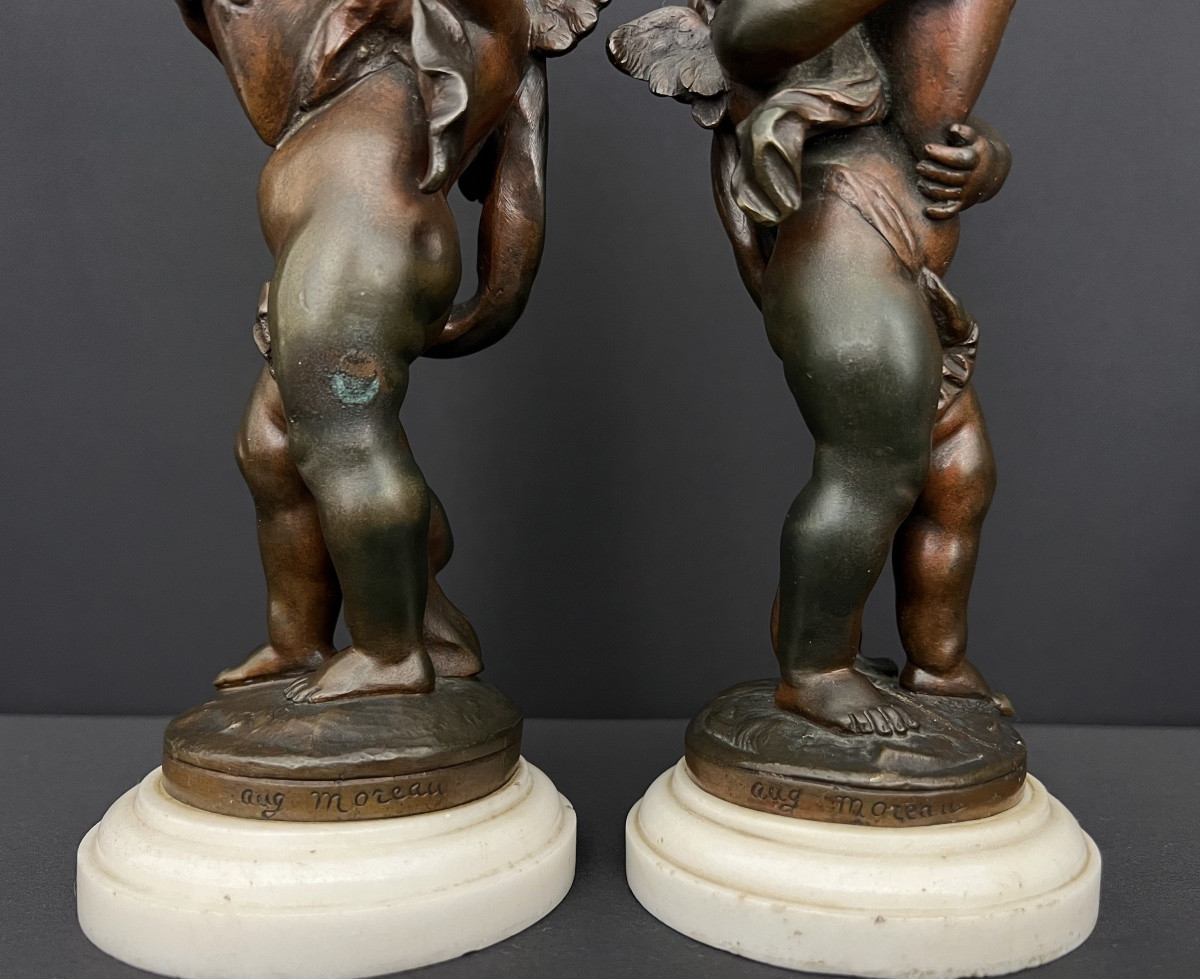 Paire De Figures En Bronze Patiné – Putti Ailés Aux Amphores, Signées Aug. Moreau-photo-6