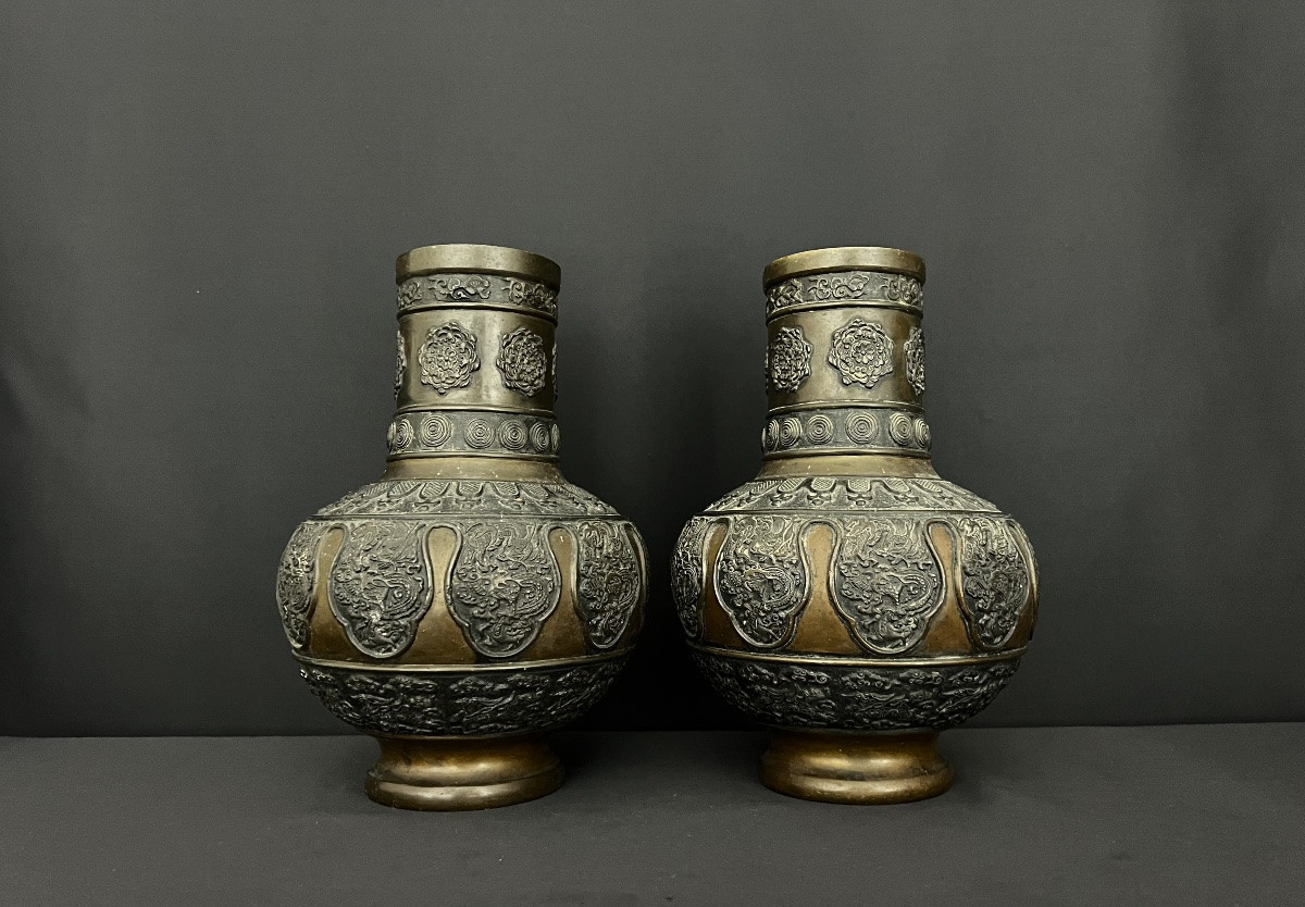 Paire De Grandes Vases En Bronze à Décor De Dragons – Art Asiatique-photo-1