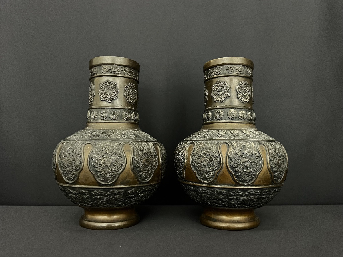 Paire De Grandes Vases En Bronze à Décor De Dragons – Art Asiatique-photo-2
