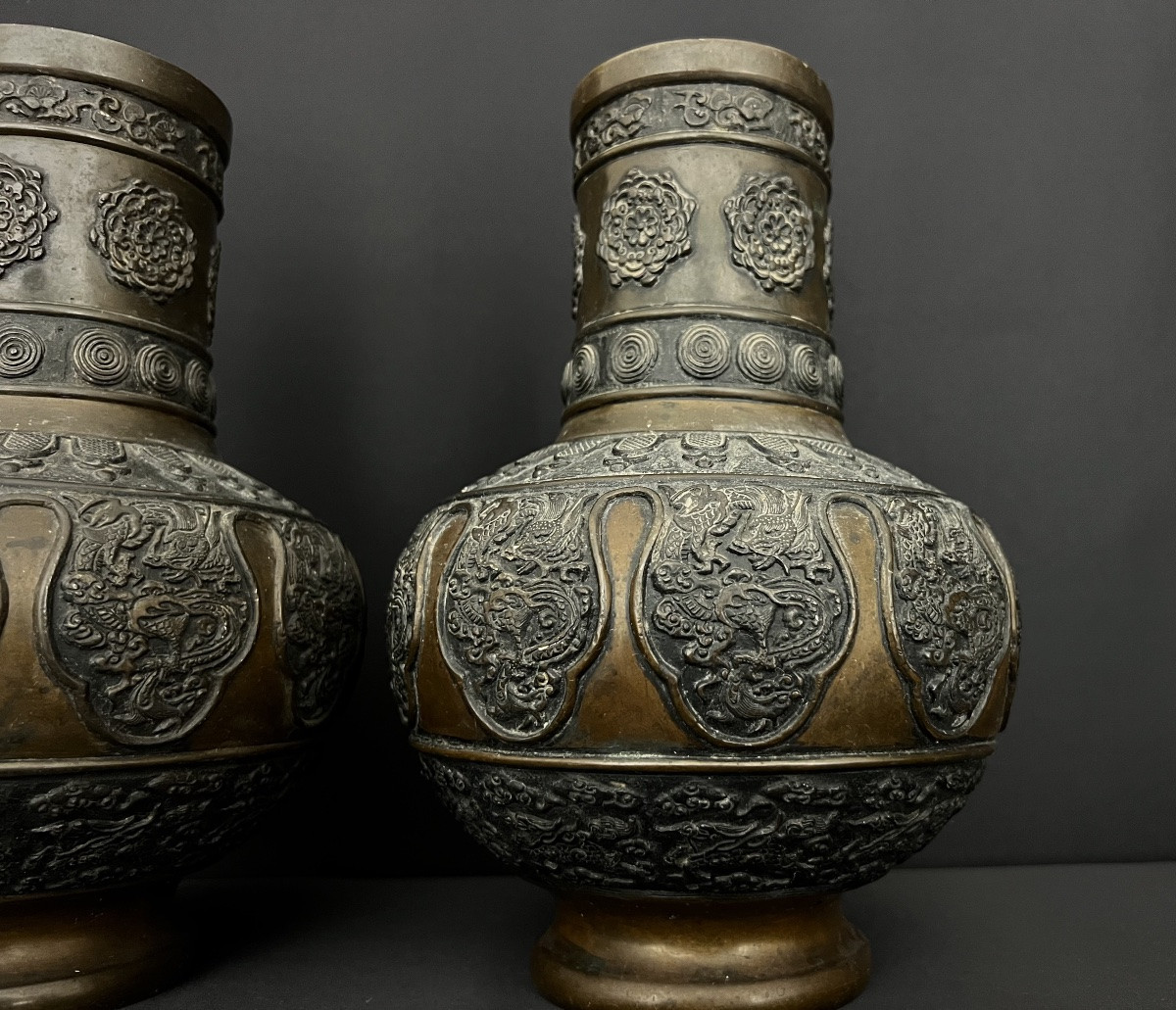Paire De Grandes Vases En Bronze à Décor De Dragons – Art Asiatique-photo-3