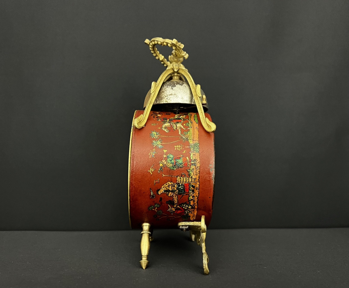 Réveil Mécanique Français En Laque Rouge Chinoiserie, Fin XIXe Siècle-photo-3