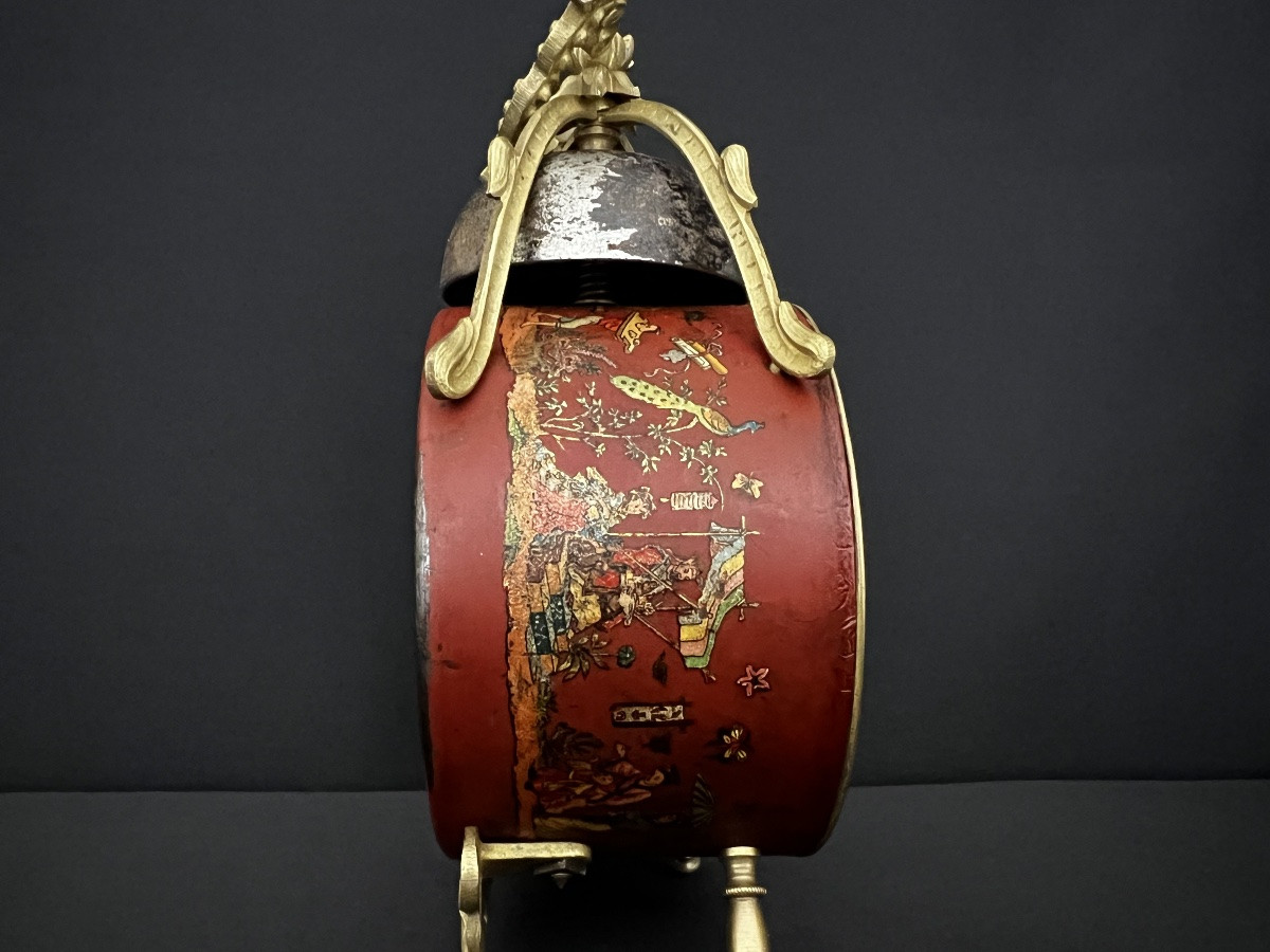 Réveil Mécanique Français En Laque Rouge Chinoiserie, Fin XIXe Siècle-photo-4