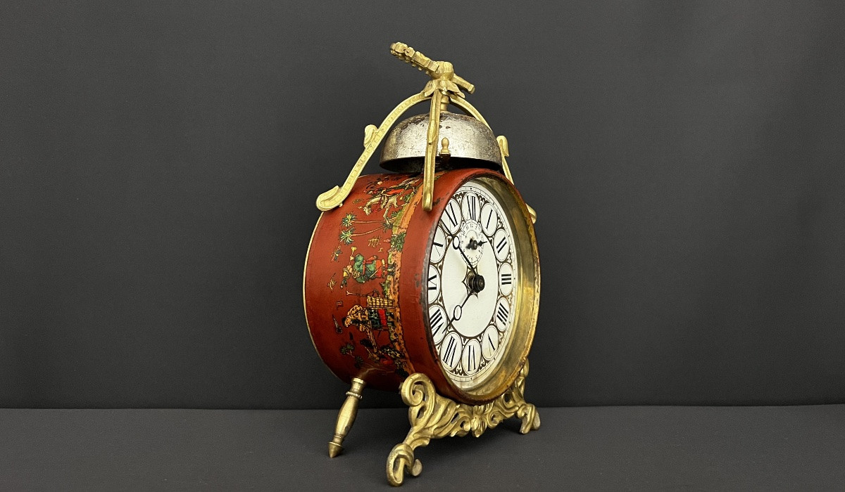 Réveil Mécanique Français En Laque Rouge Chinoiserie, Fin XIXe Siècle-photo-2