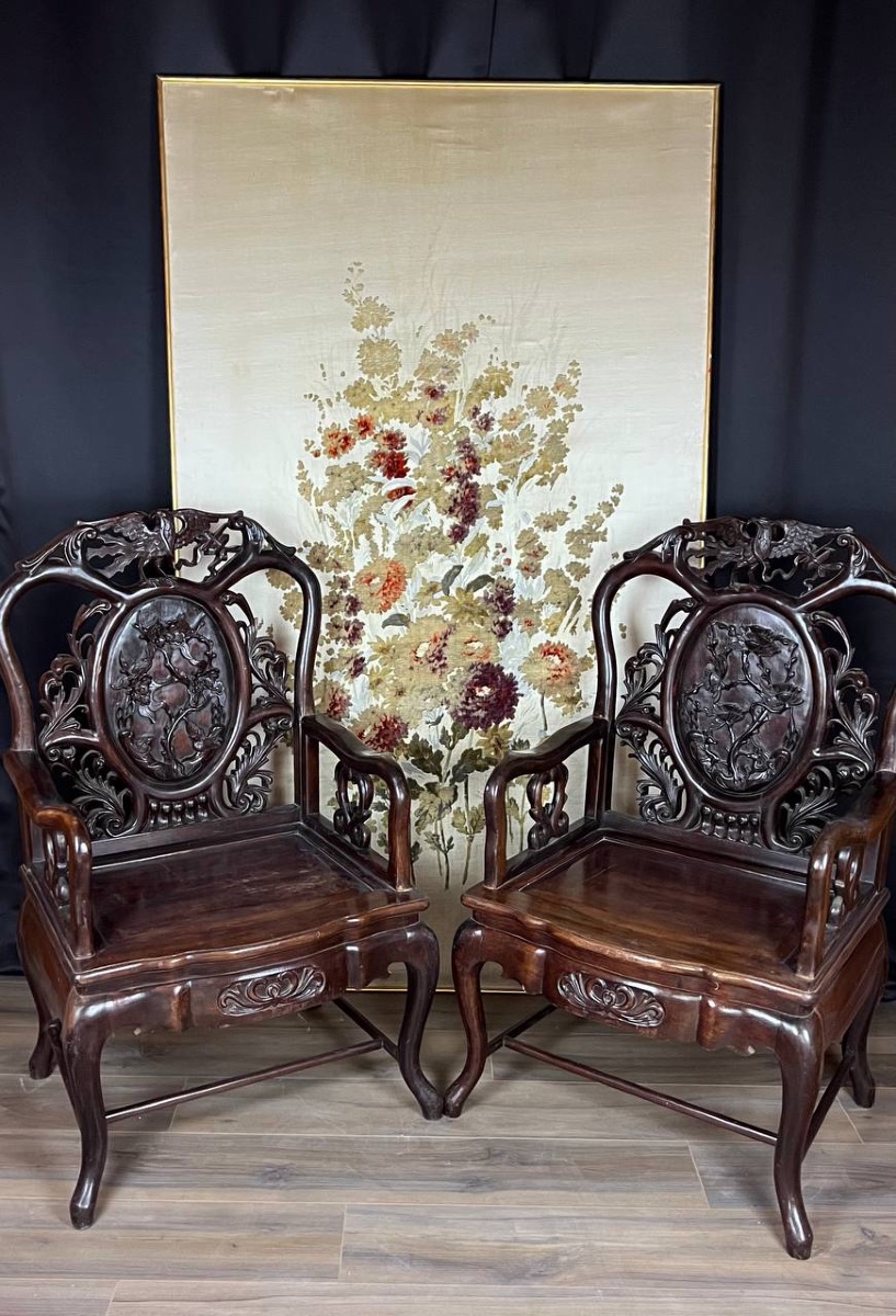Paire de fauteuils chinois en bois sculpté – XIXe siècle-photo-1