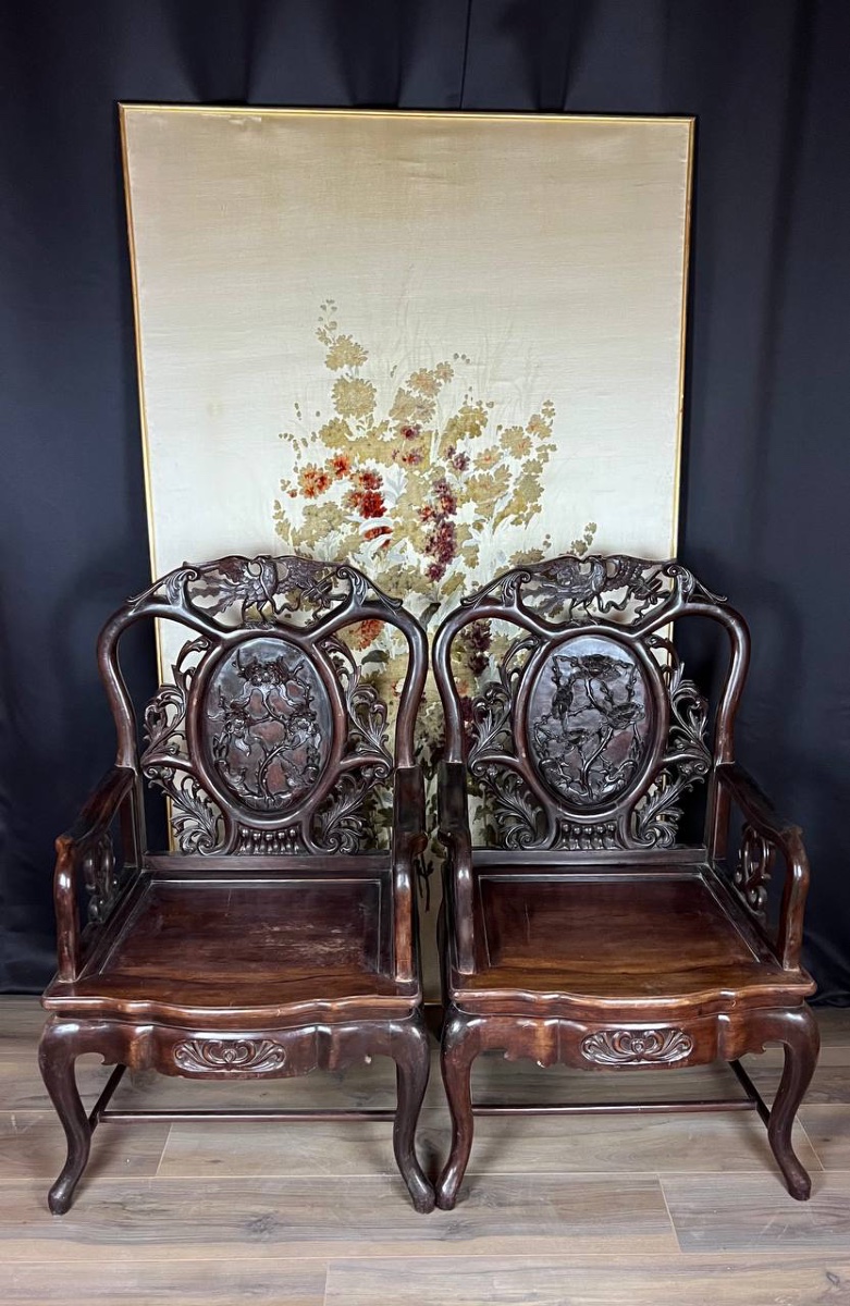 Paire de fauteuils chinois en bois sculpté – XIXe siècle-photo-2