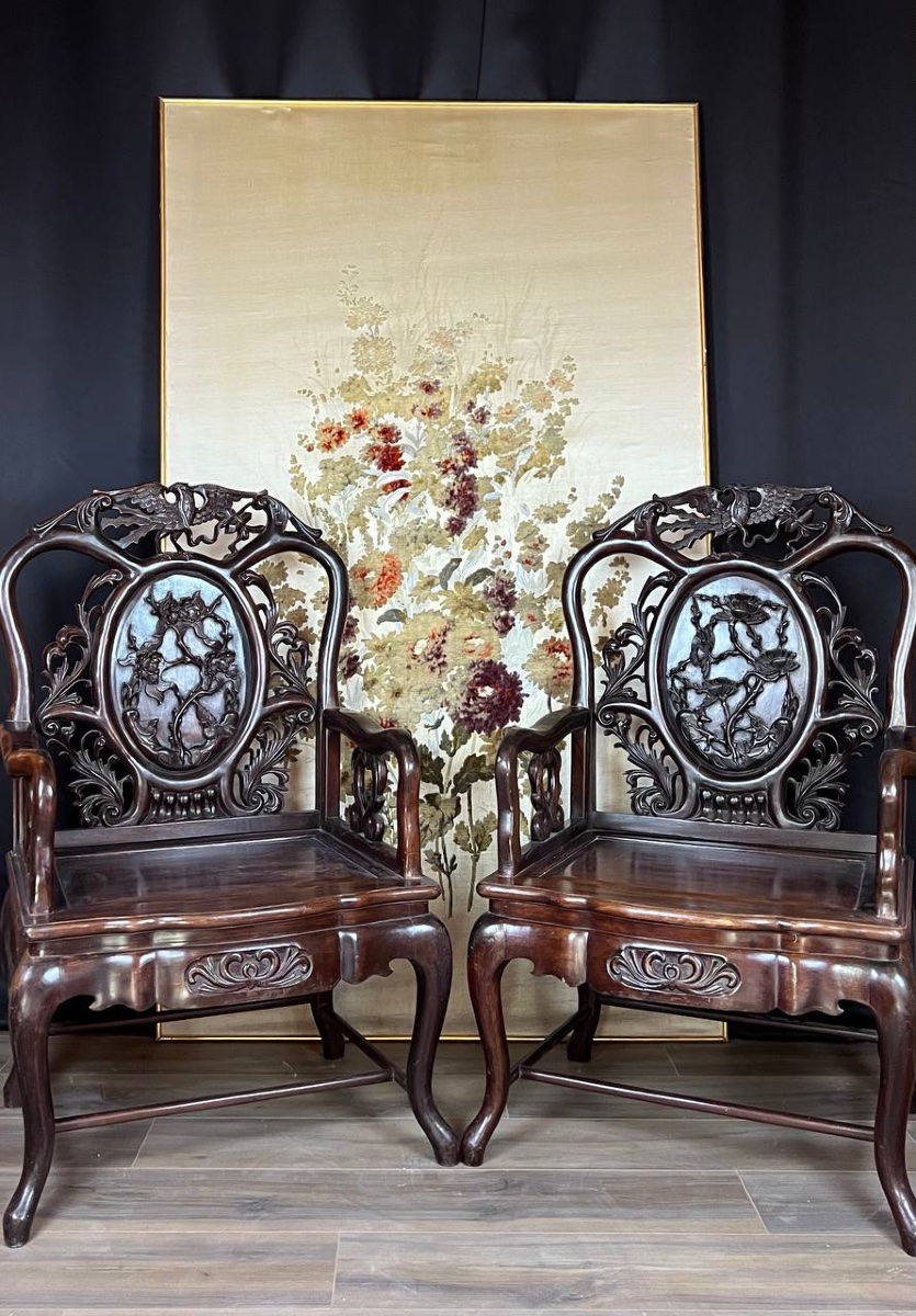 Paire de fauteuils chinois en bois sculpté – XIXe siècle-photo-3