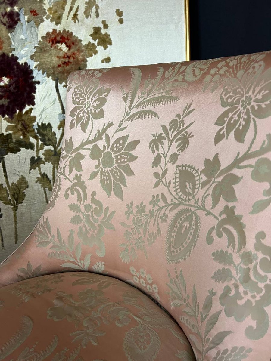 Louis XV Armchair And Pouf Set, Antique Pink Damask Fabric-photo-2