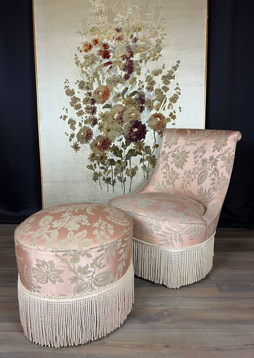 Louis XV Armchair And Pouf Set, Antique Pink Damask Fabric-photo-3