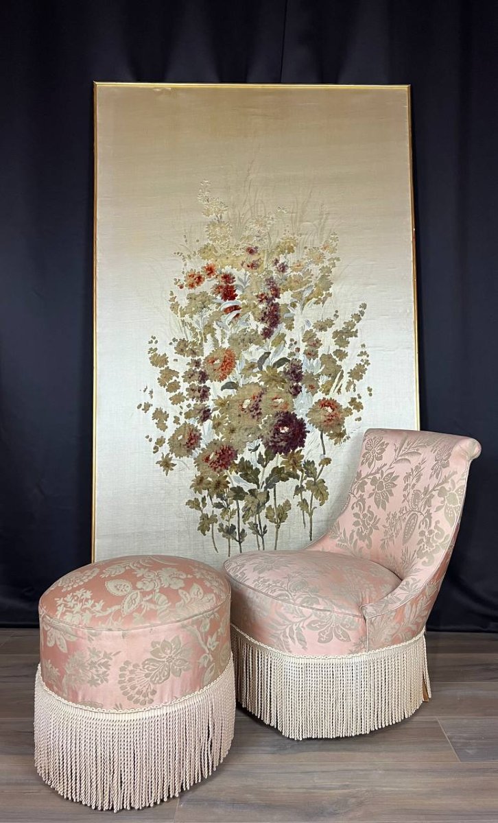 Louis XV Armchair And Pouf Set, Antique Pink Damask Fabric-photo-4