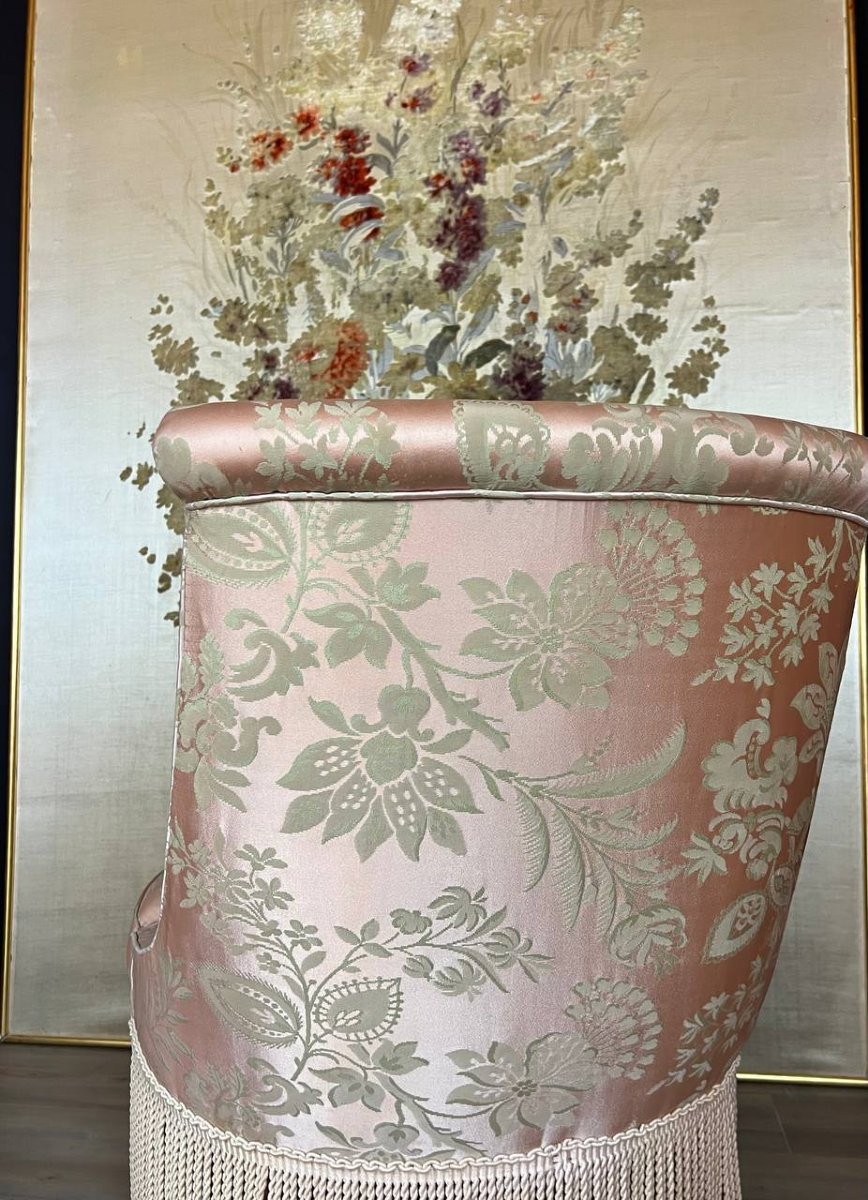 Louis XV Armchair And Pouf Set, Antique Pink Damask Fabric-photo-1
