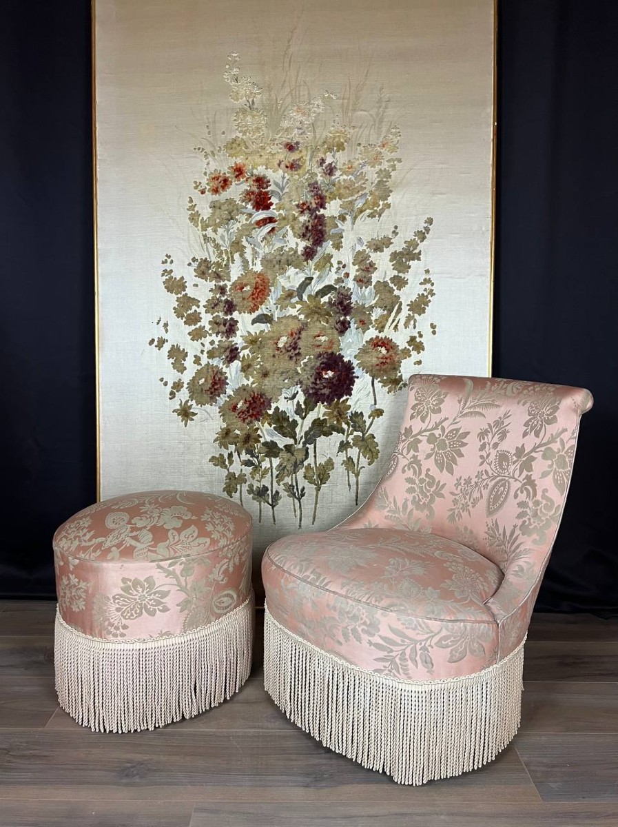 Louis XV Armchair And Pouf Set, Antique Pink Damask Fabric