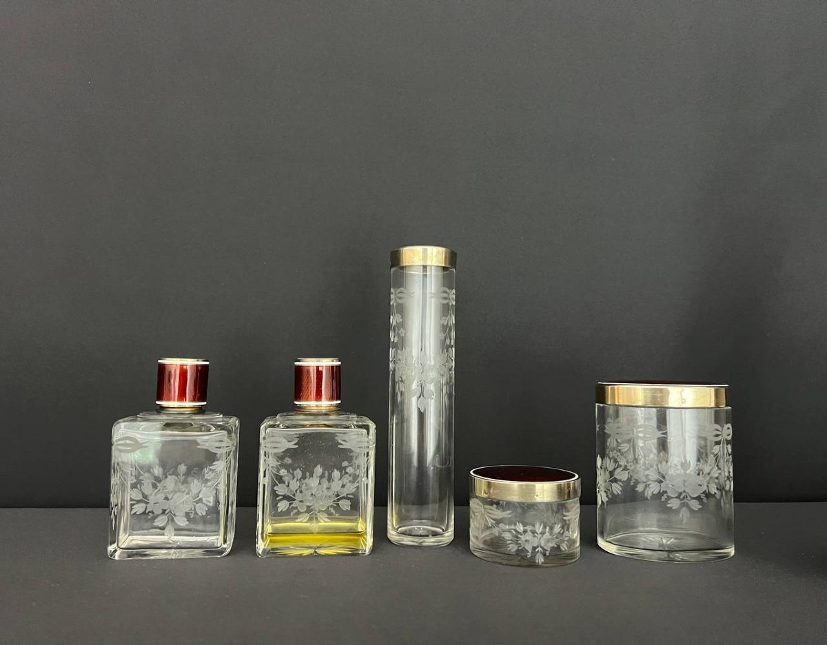 Raffiné nécessaire de toilette ancien – cristal gravé & guilloché rouge-photo-3