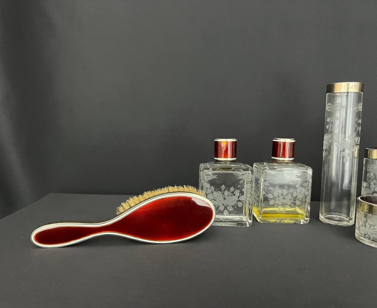 Raffiné nécessaire de toilette ancien – cristal gravé & guilloché rouge-photo-7