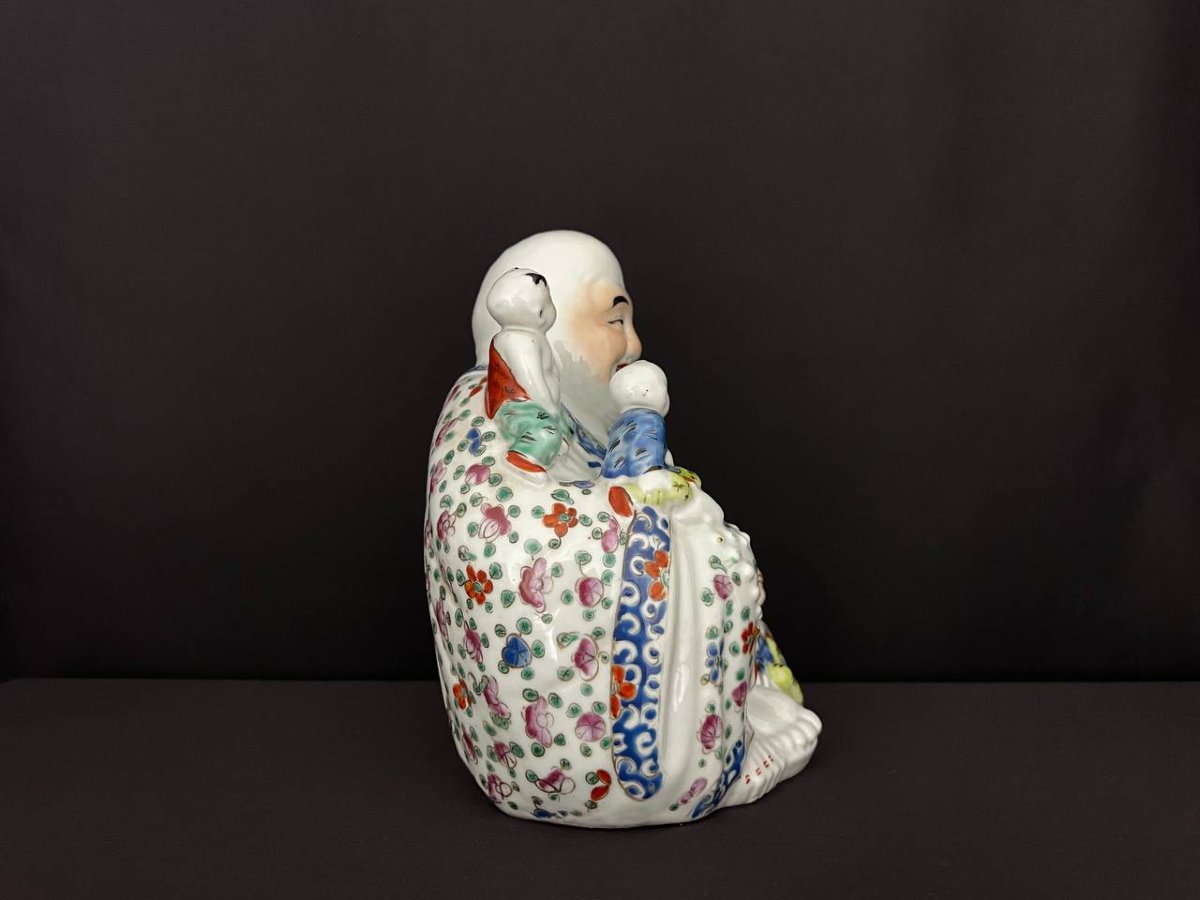 Large Porcelain Figurine - Laughing Buddha Surrounded By Children-photo-3