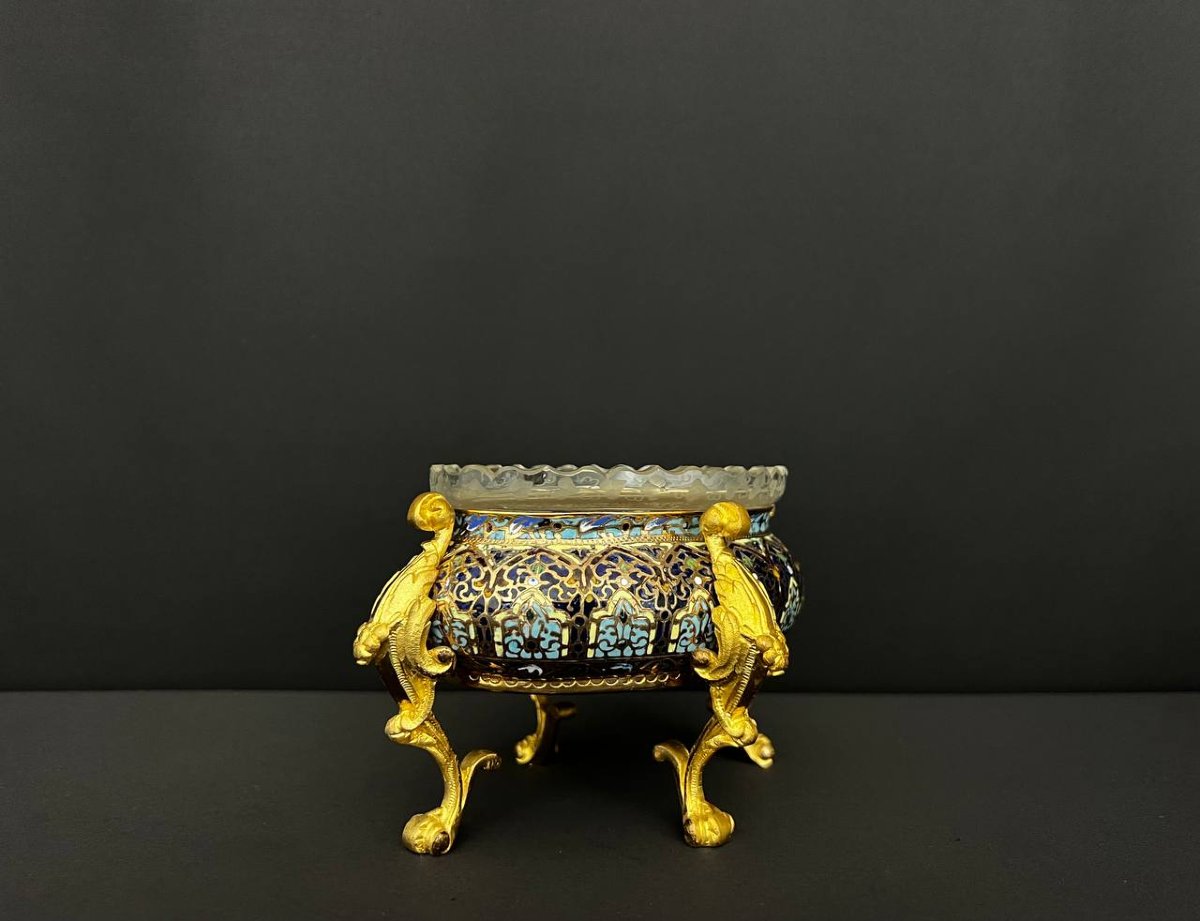 Rare Vase / Coupe En émail Cloisonné Et Bronze Doré-photo-1