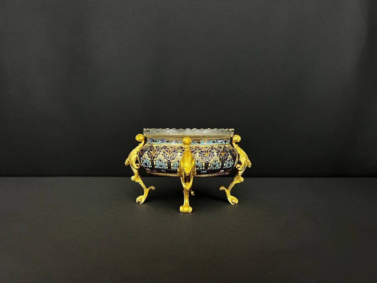 Rare Vase / Coupe En émail Cloisonné Et Bronze Doré-photo-3