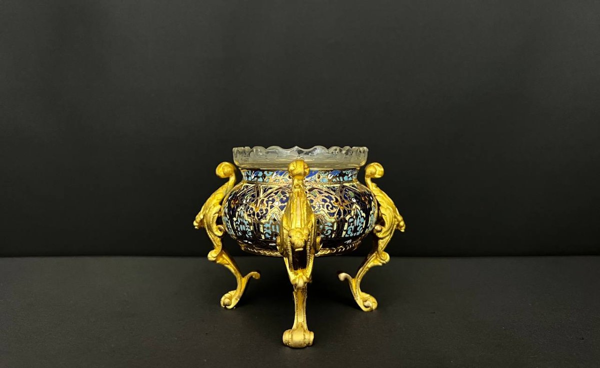 Rare Vase / Coupe En émail Cloisonné Et Bronze Doré-photo-5