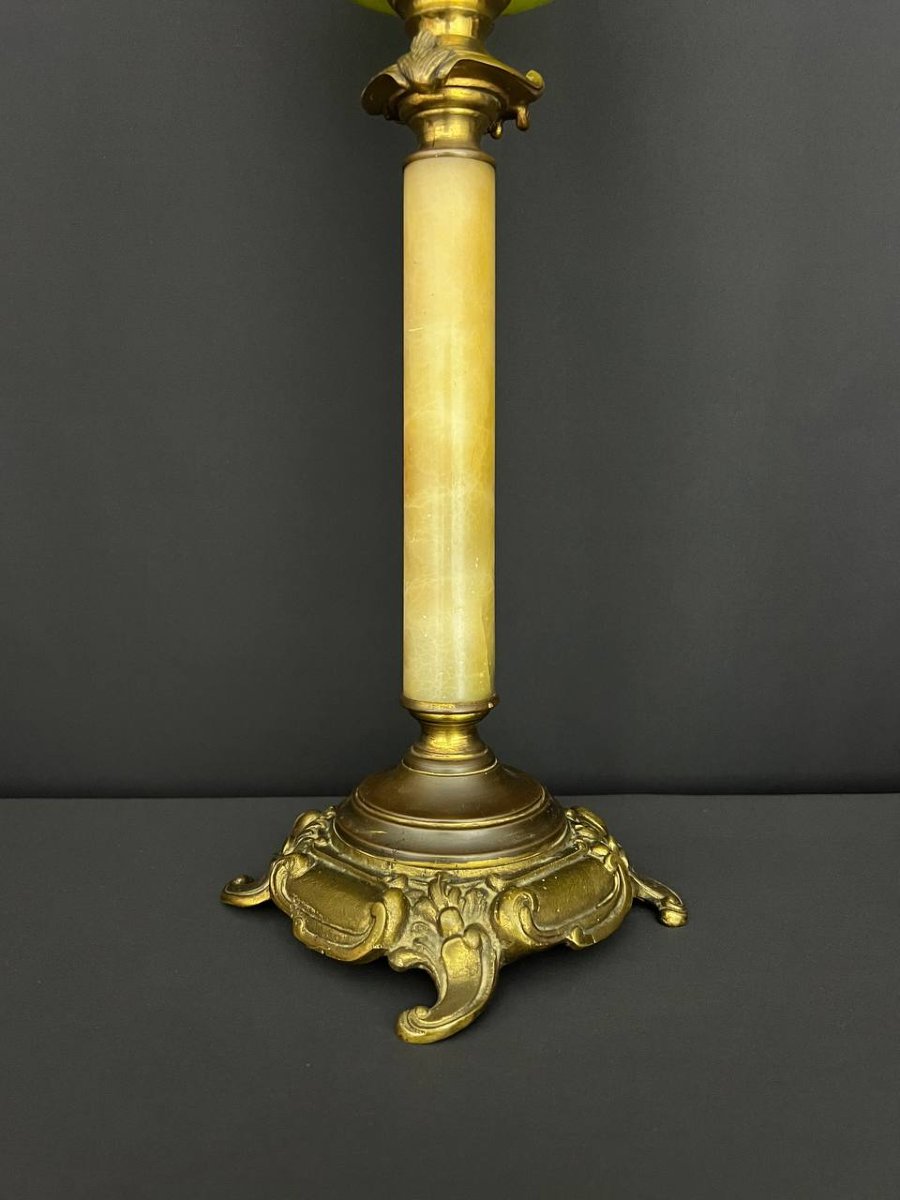 Grande lampe à pétrole ancienne – bronze, marbre et verre uranium -photo-4