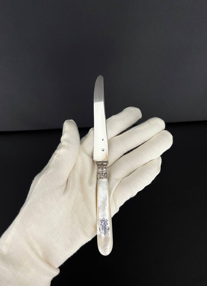 Service de 18 couteaux anciens – Lames en argent massif, manches en nacre-photo-1