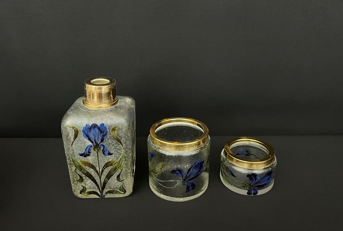 Frosted Enamelled Glass Toiletry Set, Attributed To Legras-photo-8