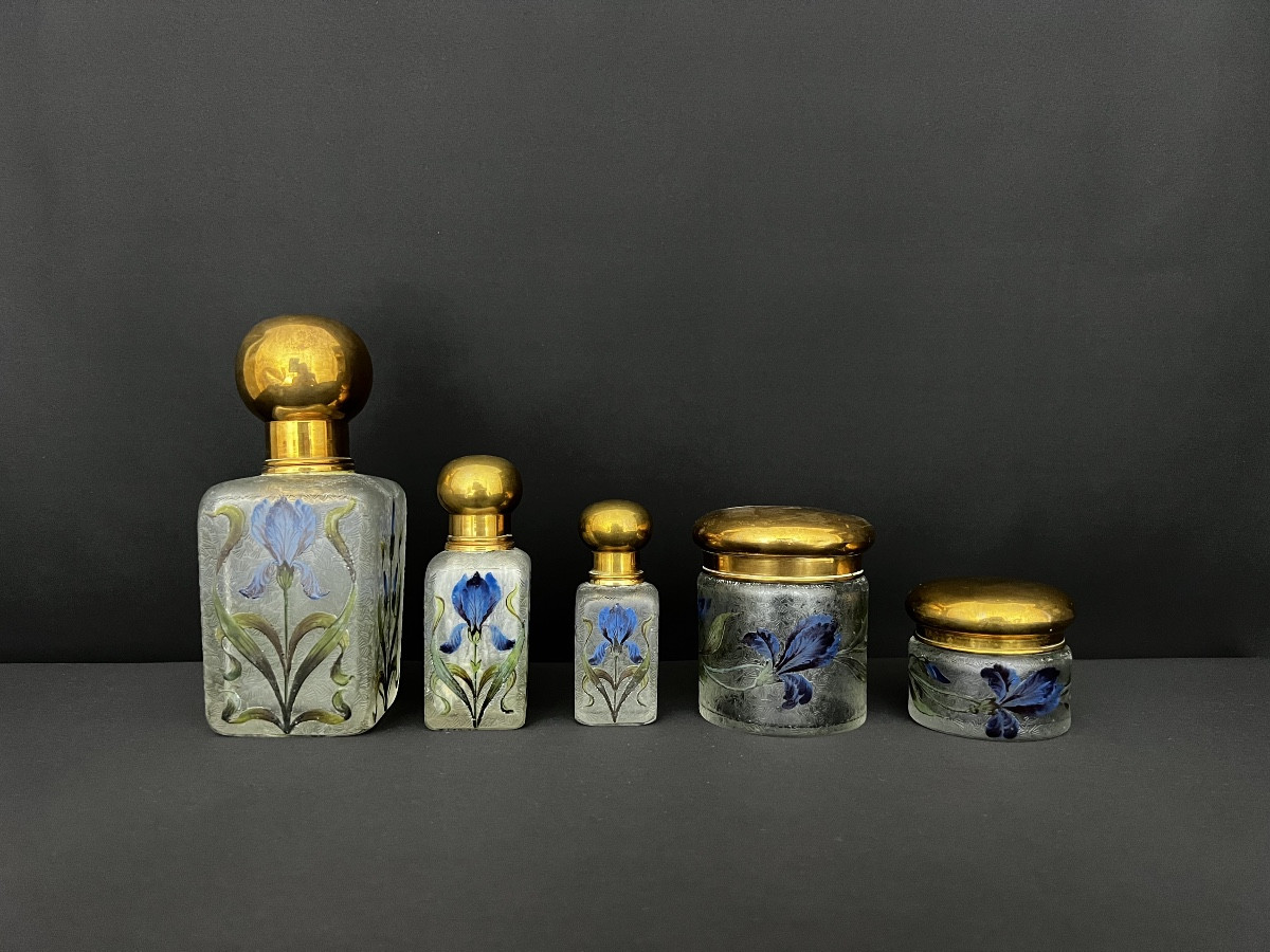 Frosted Enamelled Glass Toiletry Set, Attributed To Legras