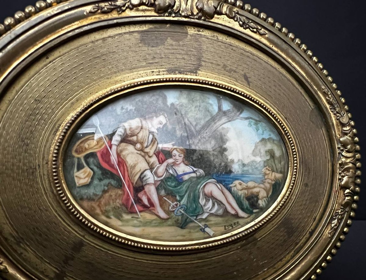 Boîte à bijoux ancienne, miniature signée, scène galante, style Louis XVI, France-photo-3