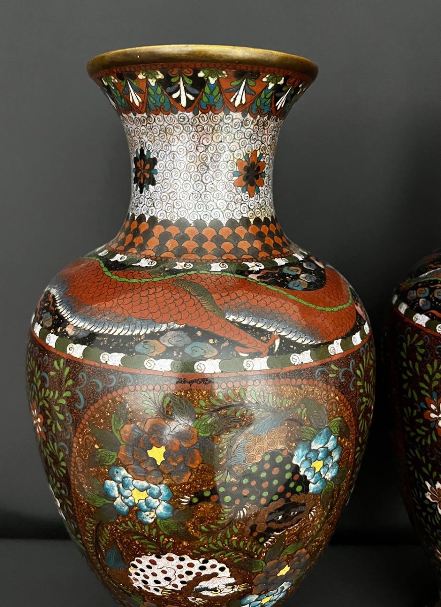 Grande paire de vases cloisonnés – Asie, fin XIXe / début XXe siècle-photo-4