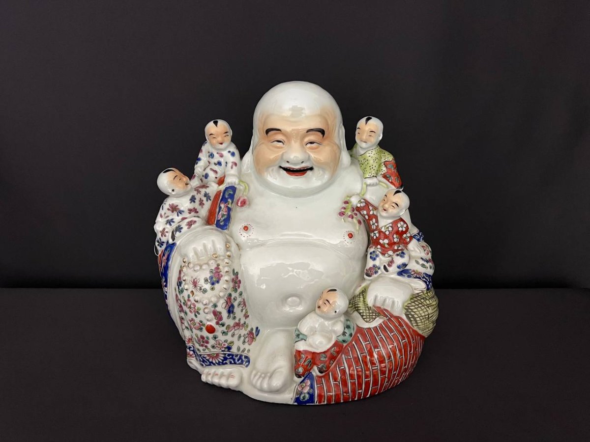 Laughing Buddha With Five Children – Chinese Porcelain, Famille Rose-photo-4