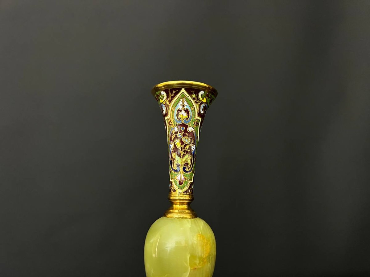 Paire de petits vases en onyx et bronze émaillé cloisonné – fin XIXᵉ-photo-4