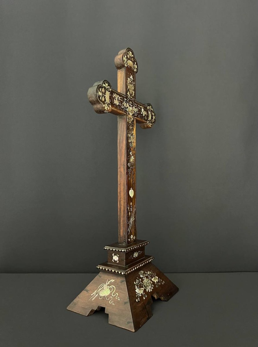 Large Dark Wood Crucifix Inlaid With Mother-of-pearl – Indochina (vietnam), Late 19th Century-photo-4
