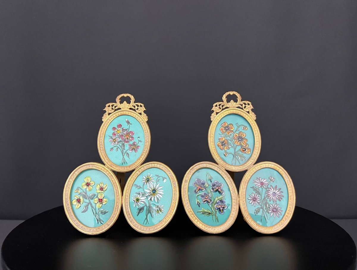 Pair Of Oval Frames, Enamelled Floral Miniatures In Relief, France, 19th Century-photo-2