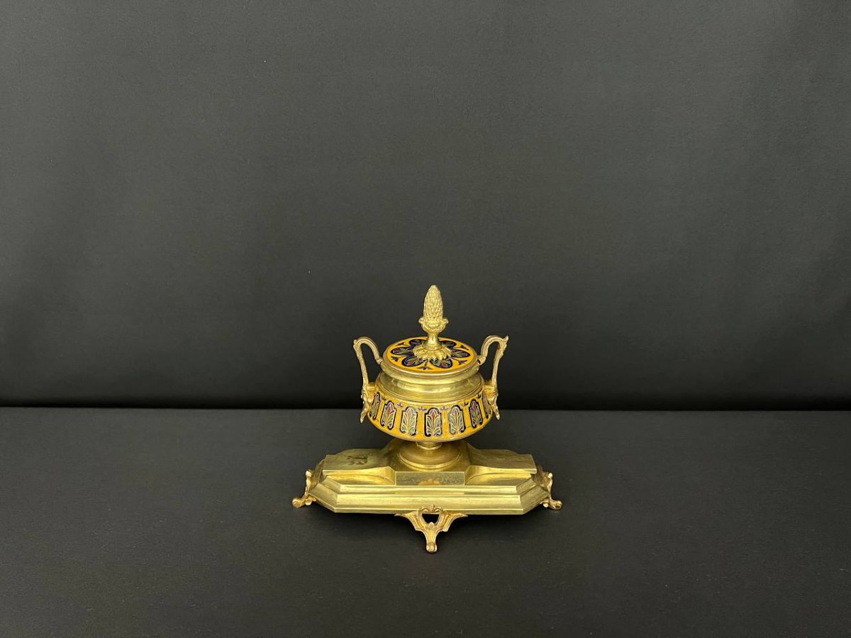 Encrier en bronze doré et émail cloisonné – style Napoléon III,  XIXe siècle -photo-2