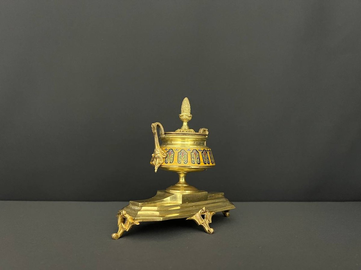 Encrier en bronze doré et émail cloisonné – style Napoléon III,  XIXe siècle -photo-2