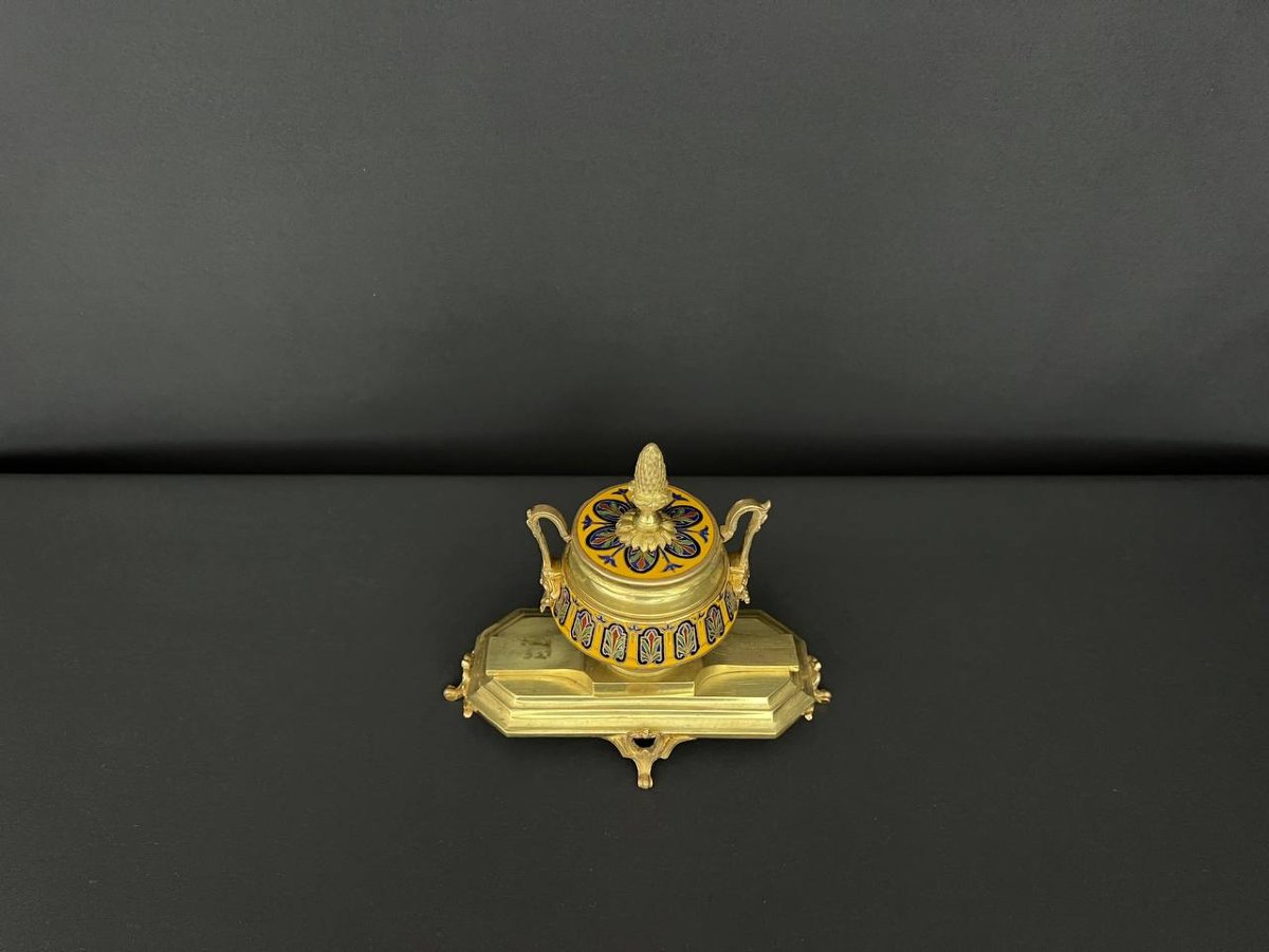 Encrier en bronze doré et émail cloisonné – style Napoléon III,  XIXe siècle -photo-3