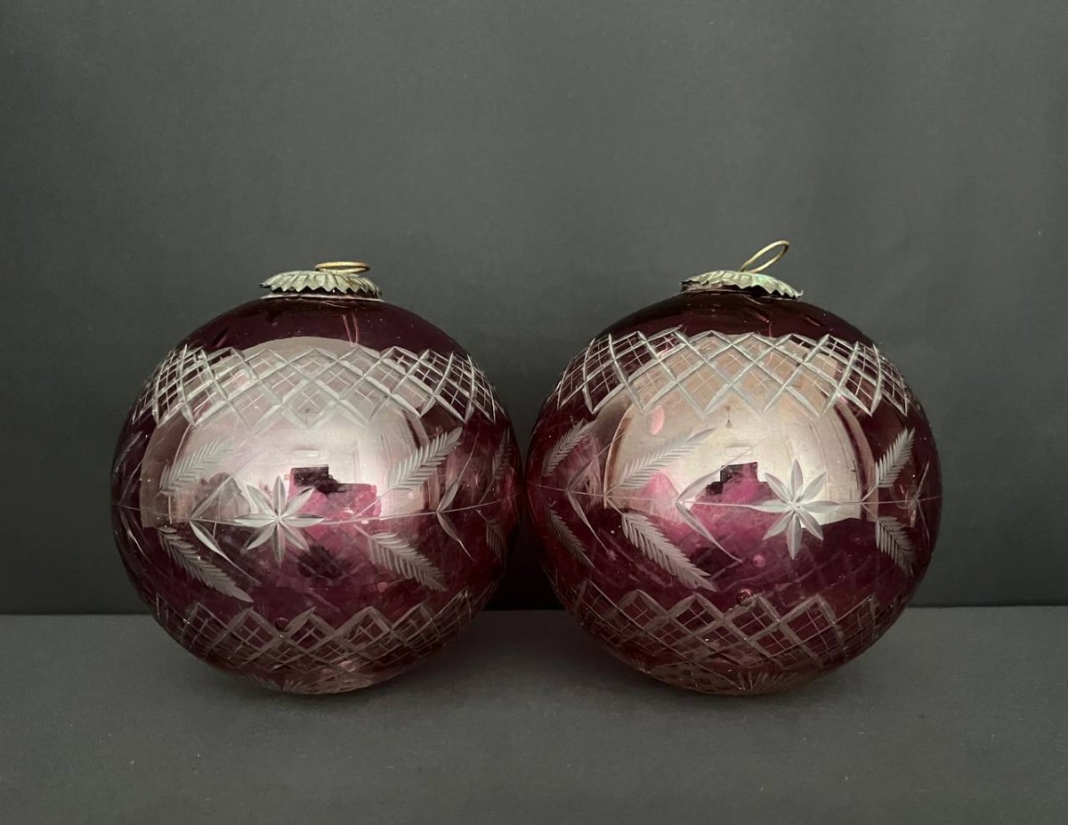 Pair Of Blown And Cut Crystal Christmas Balls