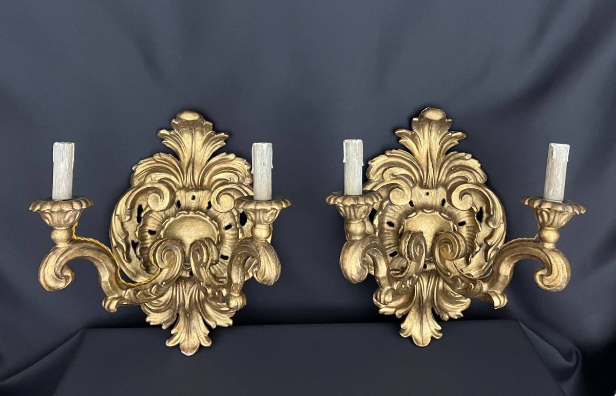 Pair Of Gilded Wooden Sconces, Baroque Style, Early 20th Century-photo-2