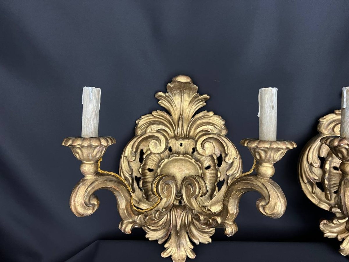 Pair Of Gilded Wooden Sconces, Baroque Style, Early 20th Century-photo-2