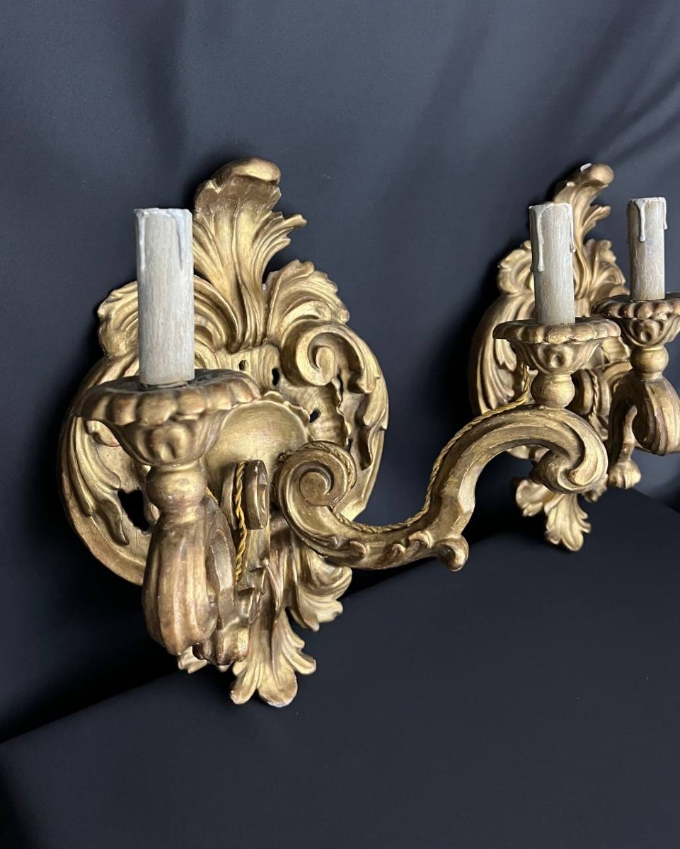 Pair Of Gilded Wooden Sconces, Baroque Style, Early 20th Century-photo-3