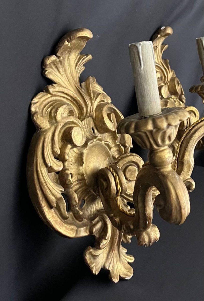 Pair Of Gilded Wooden Sconces, Baroque Style, Early 20th Century-photo-4