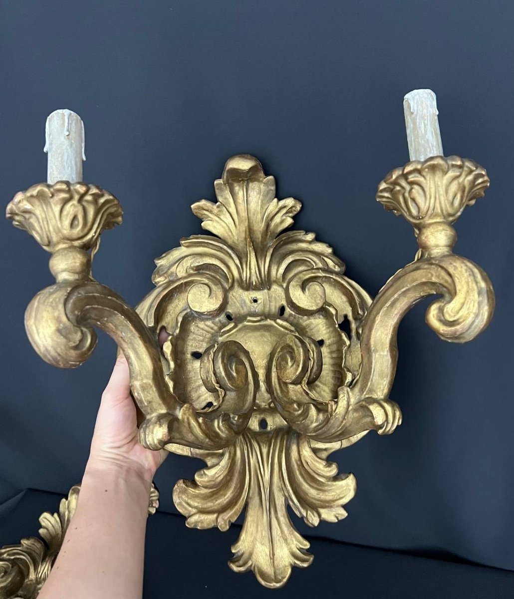 Pair Of Gilded Wooden Sconces, Baroque Style, Early 20th Century-photo-5