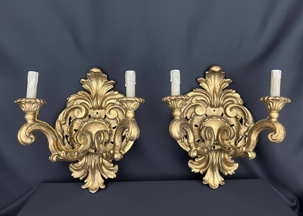 Pair Of Gilded Wooden Sconces, Baroque Style, Early 20th Century