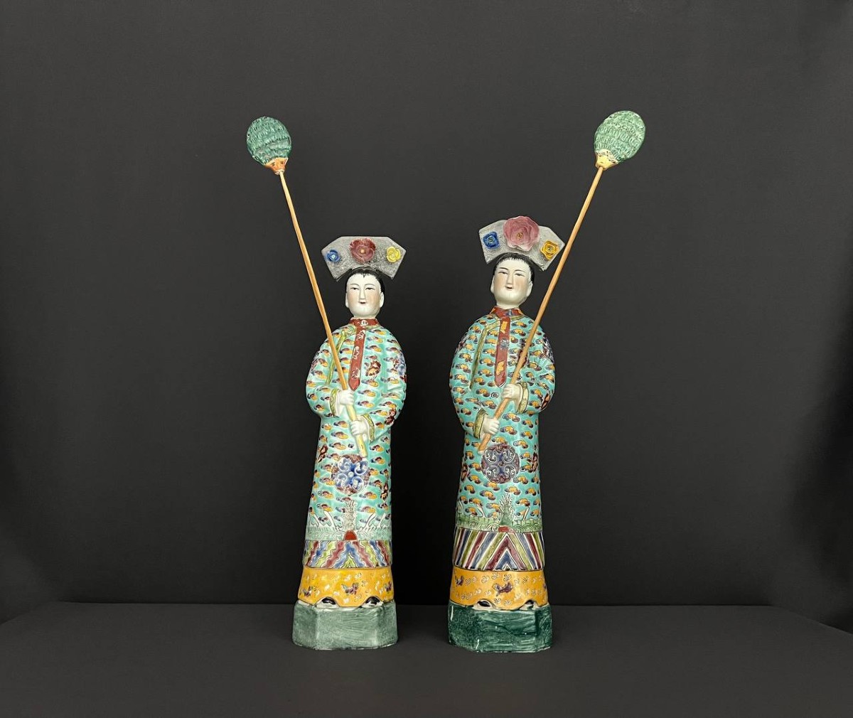 Pair Of Large Antique Famille Rose Enameled Porcelain Figurines – China