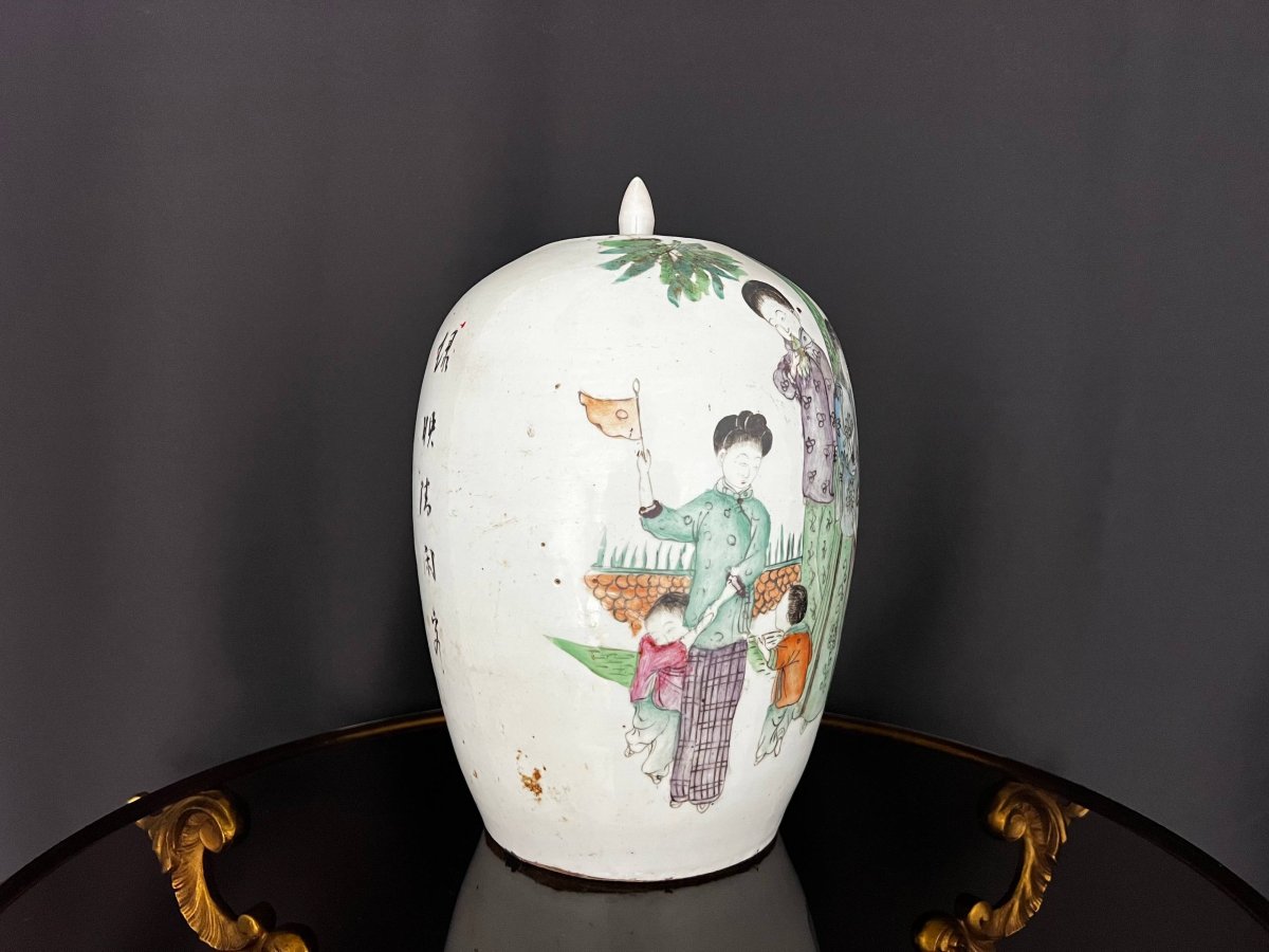 Pot couvert en porcelaine de Chine, famille verte, période République-photo-3