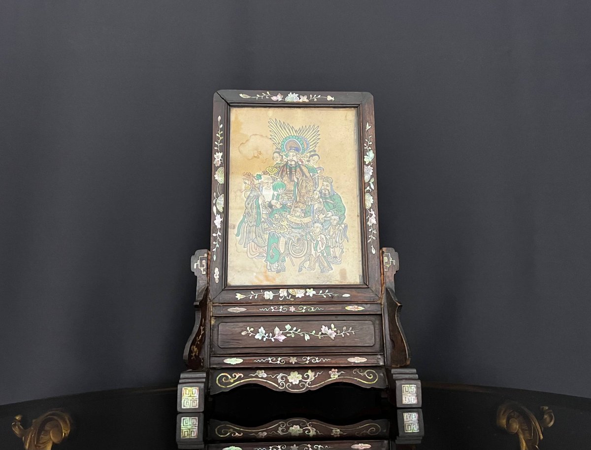 Écran de table chinois en bois incrusté de nacre, période fin Qing / République-photo-2