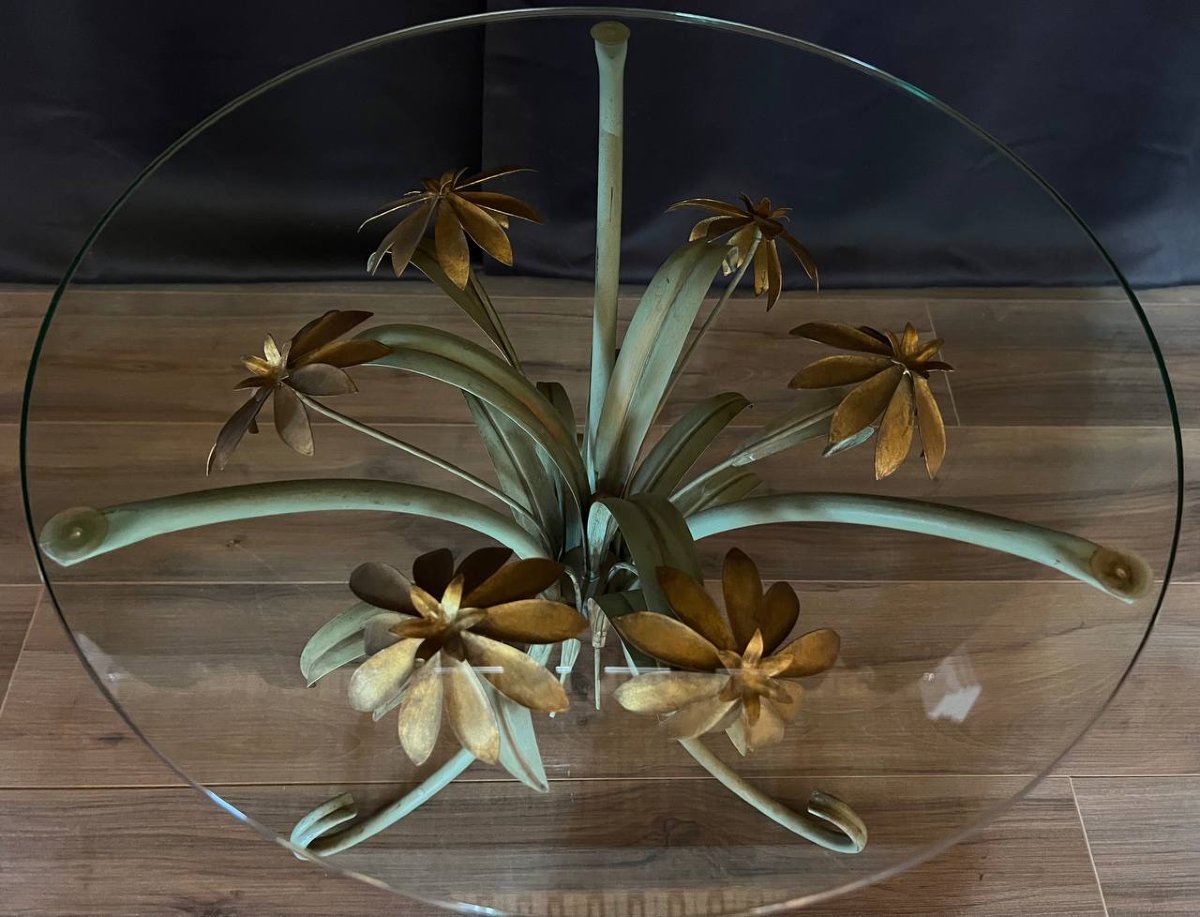 Table guéridon florale en métal doré et patiné, style Hollywood Regency, vers 1960-photo-3