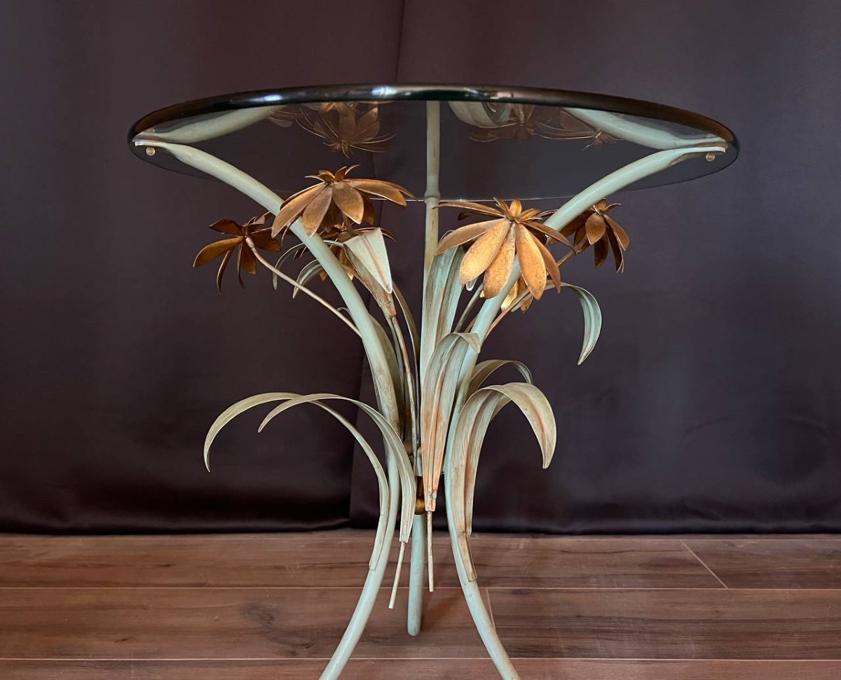 Table guéridon florale en métal doré et patiné, style Hollywood Regency, vers 1960-photo-4