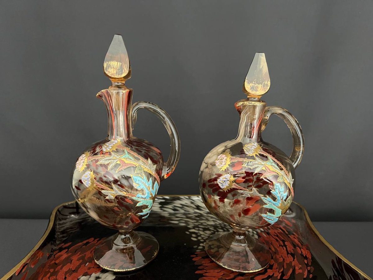 Leune – Legras, paire d’aiguières et plateau, verre émaillé à décor de chardons, Art nouveau-photo-3